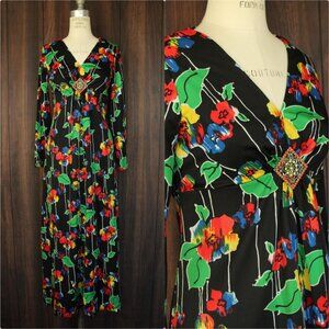 Vintage 1960s Dress,  Black Floral Print with Brooch Maxidress, Cottage Core,